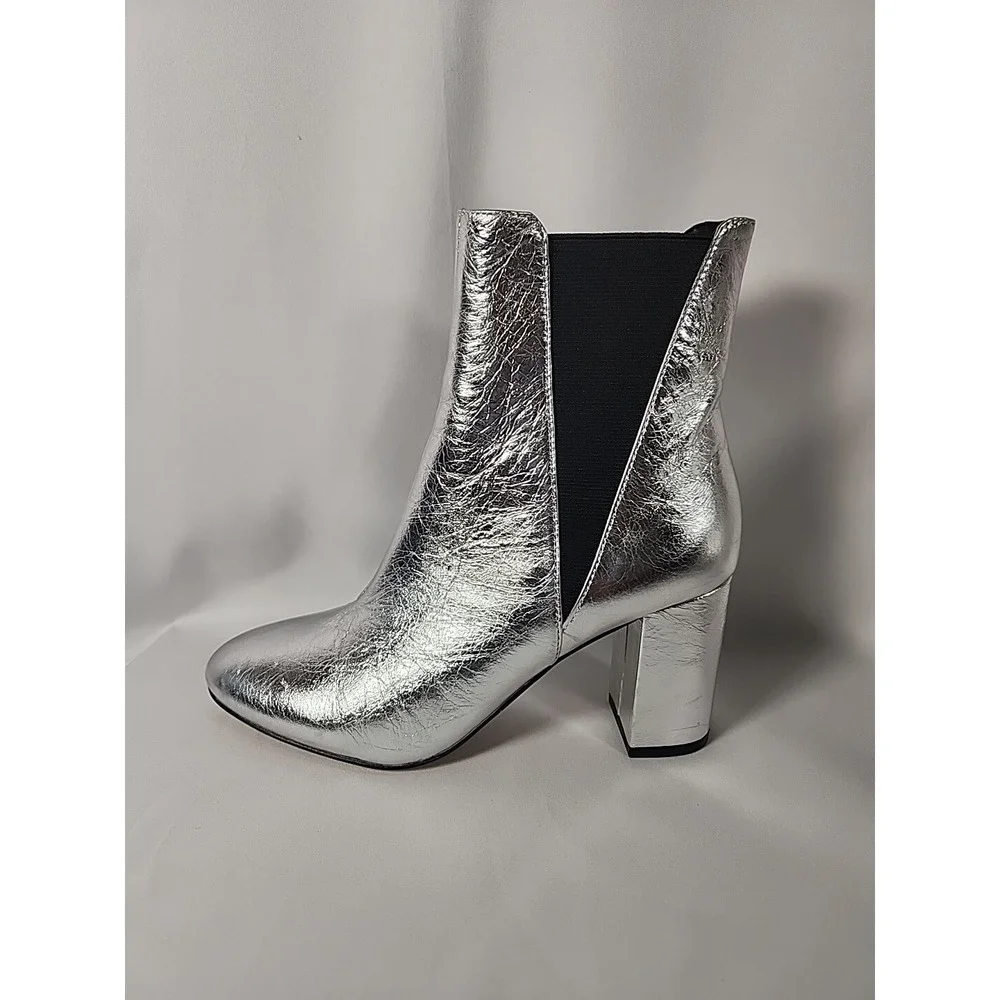 REBECCA MINKOFF Silver Serena Block Heel Slip On Leather Chelsea Booties Women 6